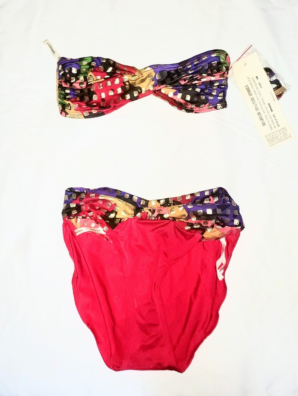 Pierre Cardin Vintage Bikini Set 10 Red Metallic Gold Foil Strapless Bandeau